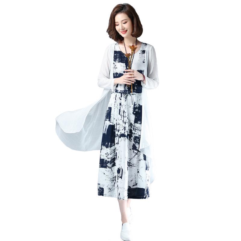 Damen 2025 Sommer Baumwoll-Leinen Tusche-Print Schal Zweiteiler Kleid-Set