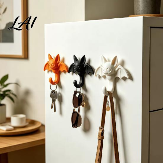 Functional Halloween Party Decor 2Pcs 3D Printed Bat Hanging Hooks Decorative Wall Hangers for Keys Easy Installation Hooks Towels Bags Adhesive