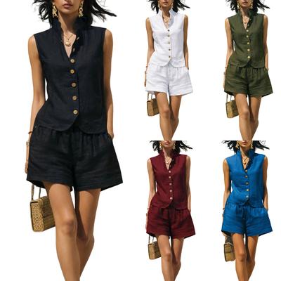 Women's 2 Piece Outfits Sleeveless Button Down Vest Top And High Waist Wide Leg Shorts Set, Casual Linen Blend Summer Beach Loungewear