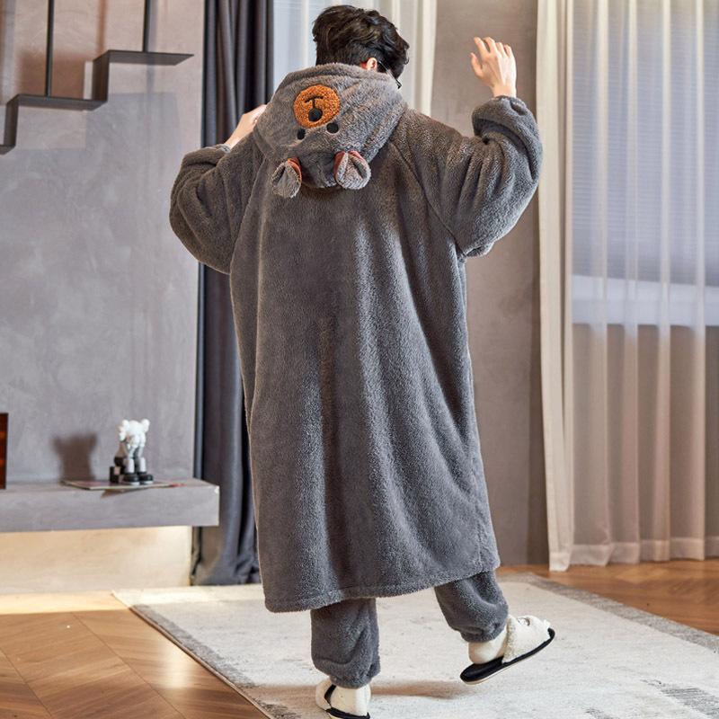 Pijama de bărbați din fleece coral, iarnă, flanel, cămașă de noapte, îngroșată, mărime mare, largă, haine de casă, costum din două piese