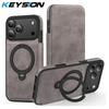 KEYSION Leather Flip Wallet Case for iPhone 15 16 17 Pro Max Air 16Plus 16e Cards Slots Magnetic 360 Ring Stand Phone Back Cover
