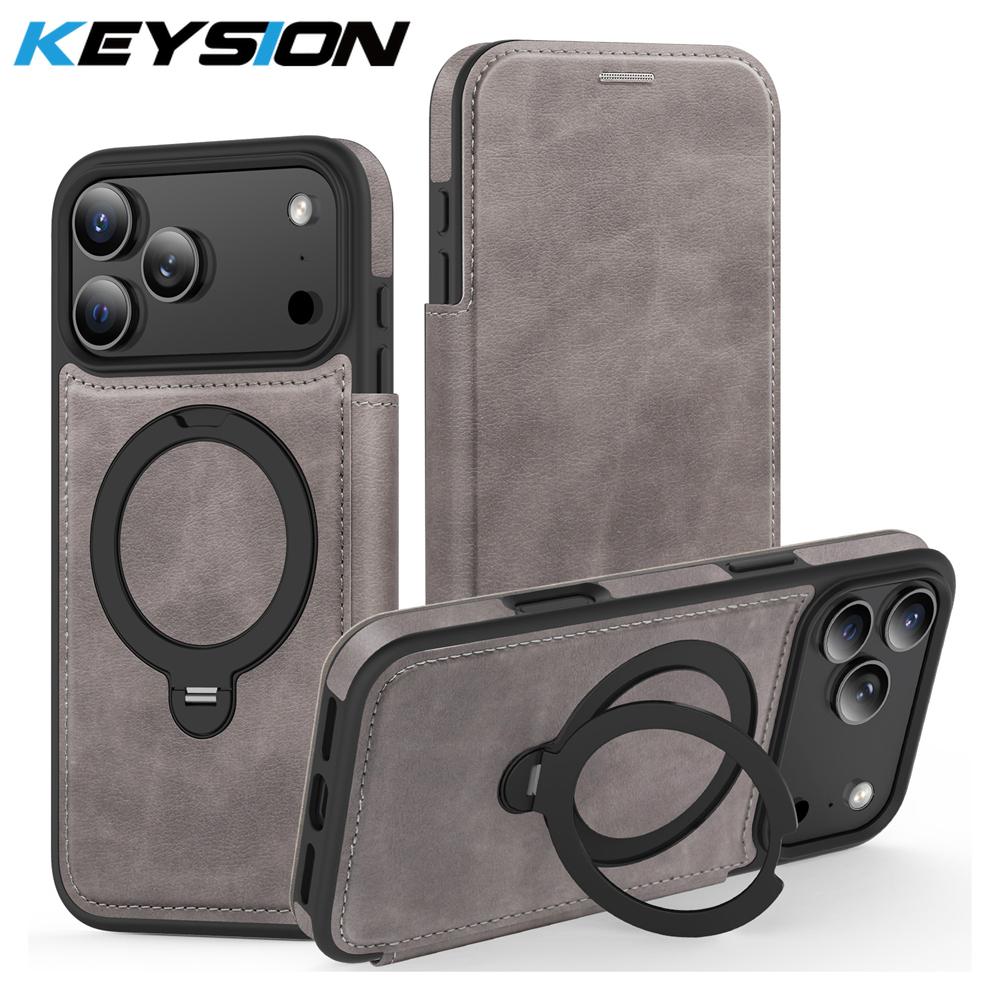 KEYSION Leather Flip Wallet Case for iPhone 15 16 17 Pro Max Air 16Plus 16e Cards Slots Magnetic 360 Ring Stand Phone Back Cover