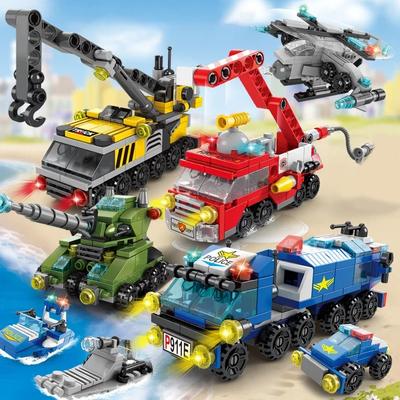 Mini Size 6 In 1 Building Blocks DIY Police Car Fire Truck Castle Model Bricks Kids Educational Toys Gifts