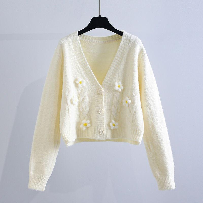 Handmade Chunky Knit Flower Cardigan for Women - Early Autumn Korean Style