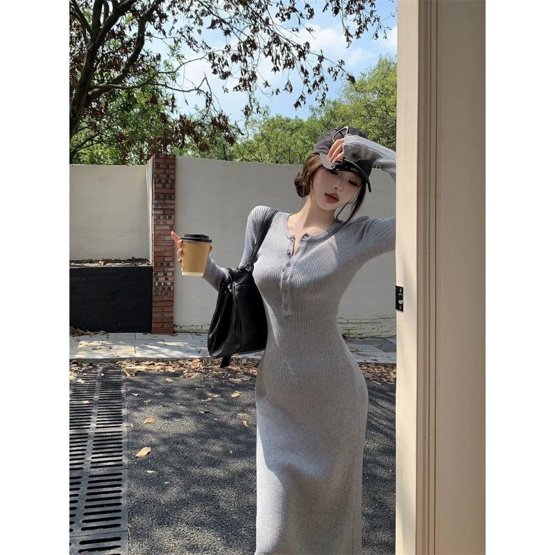 Yellow V-neck Long-sleeved Knitted Dress Women's White Inner Sweater Skirt Pure Desire Slim-fitting Hip-wrapped Long Skirt