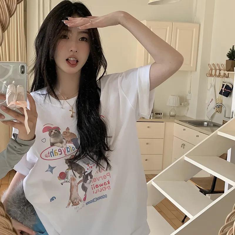 100% Pure Cotton Women's Short-Sleeve T-Shirt - Trendy Korean Style, Loose Fit, Versatile, Street Fashion, Whitening, Perfect for Couples.