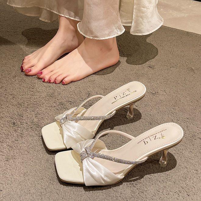 Fashion open-toed square-headed rhinestone stiletto high heels for women's 2025 summer new sexy outer wear with slippers for women