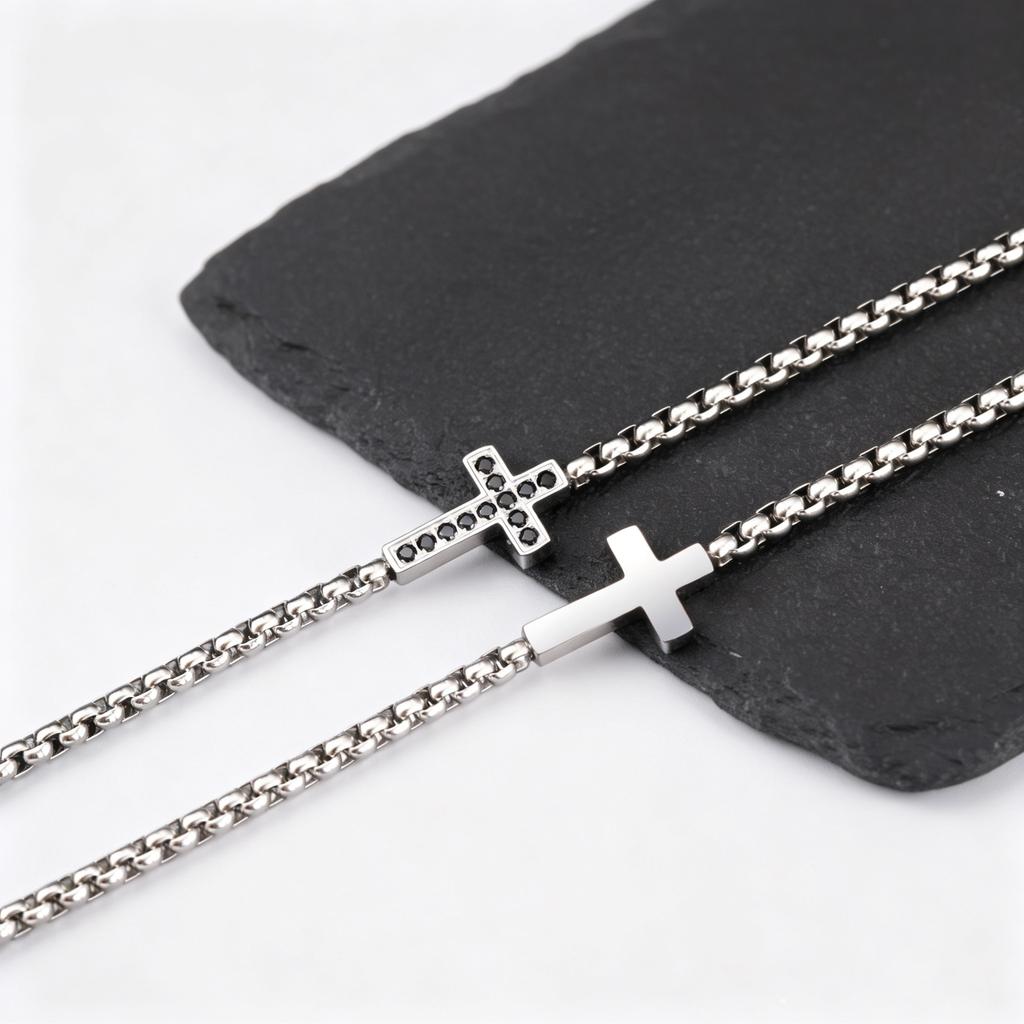 Stylsih Stainless Steel Men's Bracelet,Black Zircon Cross Charm Adjustbale Chain Wristbandk,Hip Hop Father's Day Gift for Him