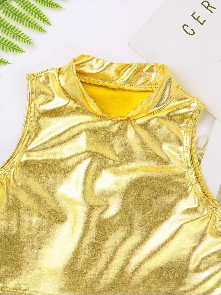 Cheerleading-Tanzkostüme für Mädchen und Kinder mit Metallic-Oberteilen und Rock mit unregelmäßigem Saum