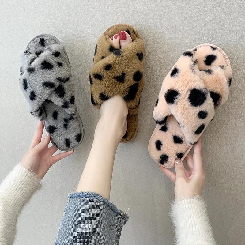 Flat Fluffy Fur Slippers Women Colorful Cross Tie Warm Furry Slippers Women Winter Flip Flops Home Slides Indoor Floor Shoes