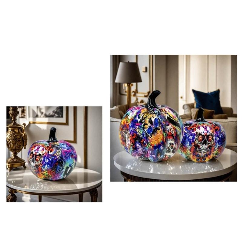 Hall Cabinet Skull Pumpkin Figure with Paint Pattern for Holiday Indoor Shelf Table Room for Mantels Entryway and Home