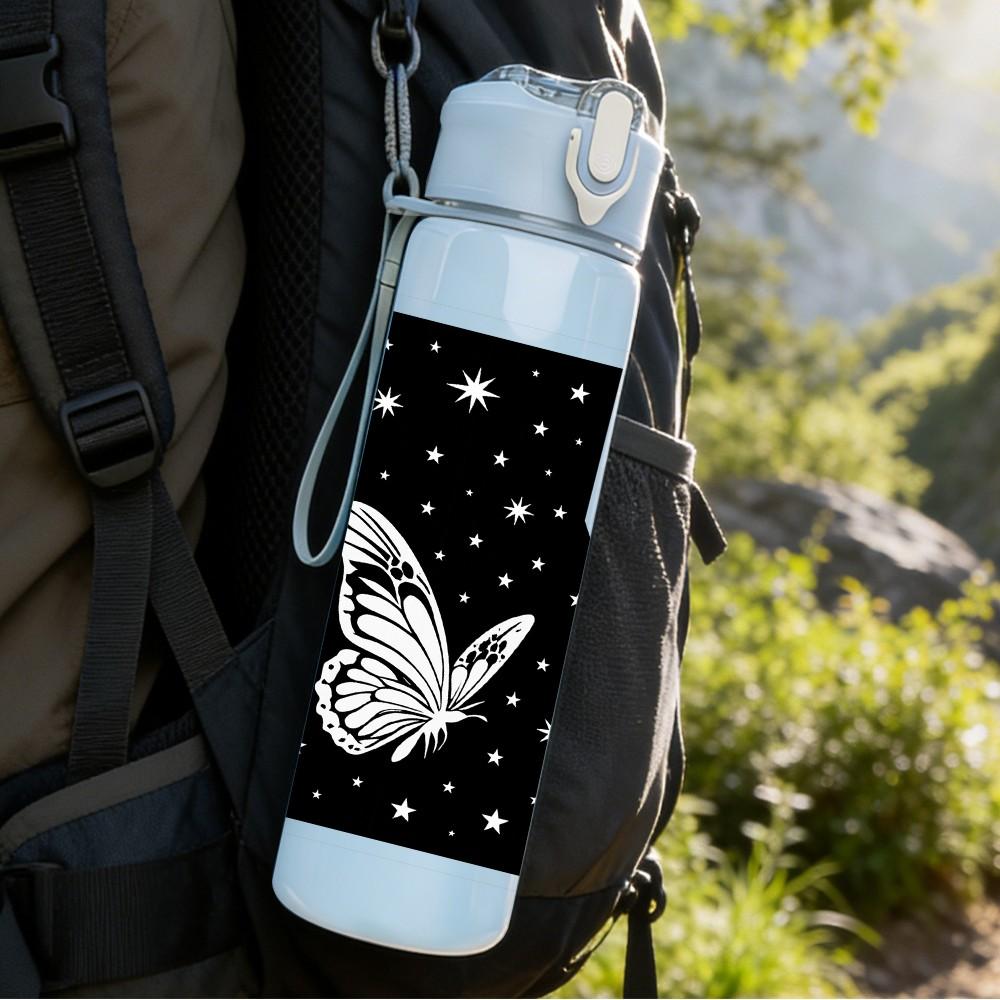 1PC Black White Butterfly Star Frame 750ml Color Plastic Sports Water Bottle Leakproof Flip Straw Lid For Sports Office Home Use