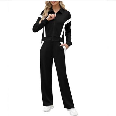 Women's Zip Up Long Sleeve Jacket Wide Leg Pants Two Piece Tracksuit Loose Fit Side Stripe Color Block Polyester Jogger Set Fall Street Casual Outfit