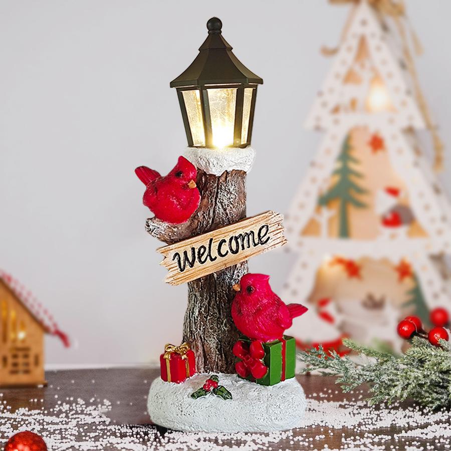 New Christmas Red Bird Tree Trunk Lamp Post Ornament LED Luminous Resin Crafts Christmas Atmosphere Decoration