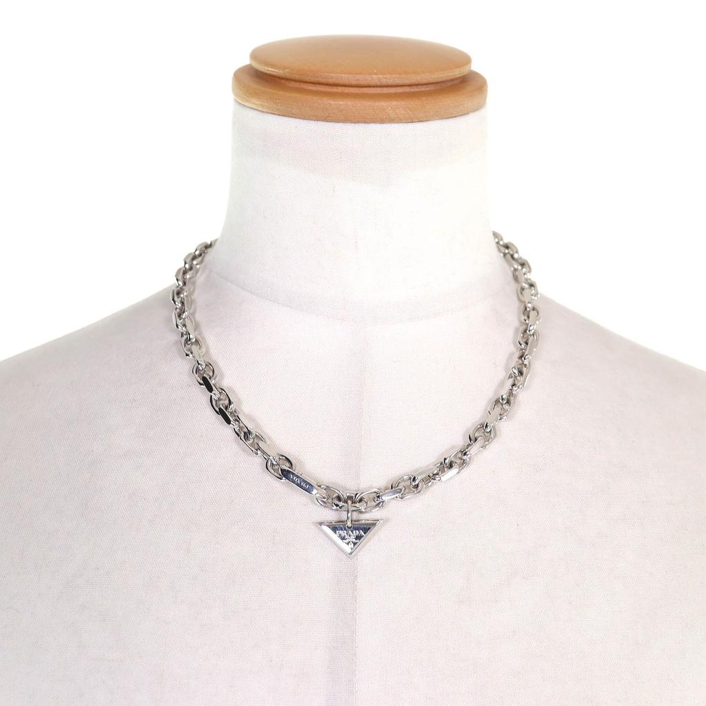 Great PRADA Silver ChainNecklace Triangle logo current products 925 2JCA96 Used