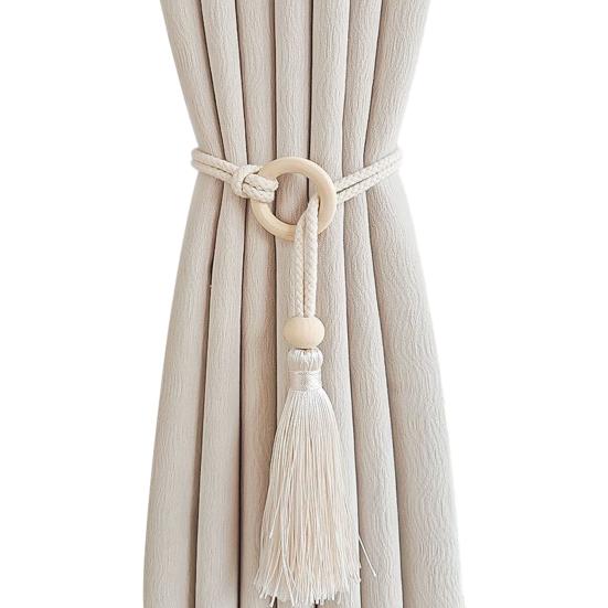 Bohemian Curtain Tiebacks Handwoven Rope with Tassels & Wood Beads Decorative Window Holdbacks for Living Room Bedroom Home Decor