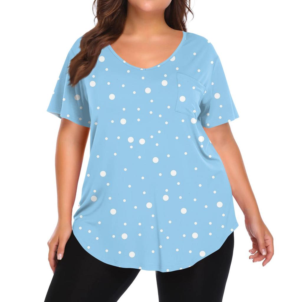 Women's Printing Large Size V-neck Top Loose Pocket T-shirt