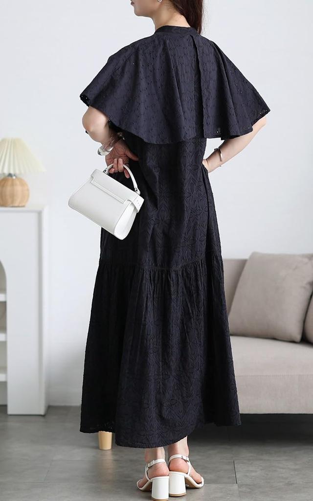 Plus Size Long Cape Dress with Cotton Mermaid Black [Gold Japan] Women's Short-Sleeved Lace, Ribbon, Style, Summer/Spring, Fem-634, LL-4L,
