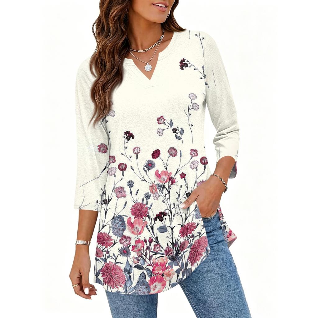 Women's Casual V Neck 3/4 Sleeve Pullover Tunic Top Floral Print Mid Length Loose Fit Blouse for Everyday Wear