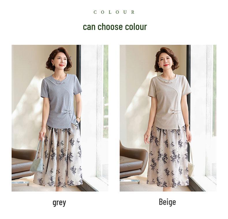 Elegant Summer 2026 Midi Skirt and Short-Sleeved T-Shirt Set for Middle-Aged and Elderly Women
