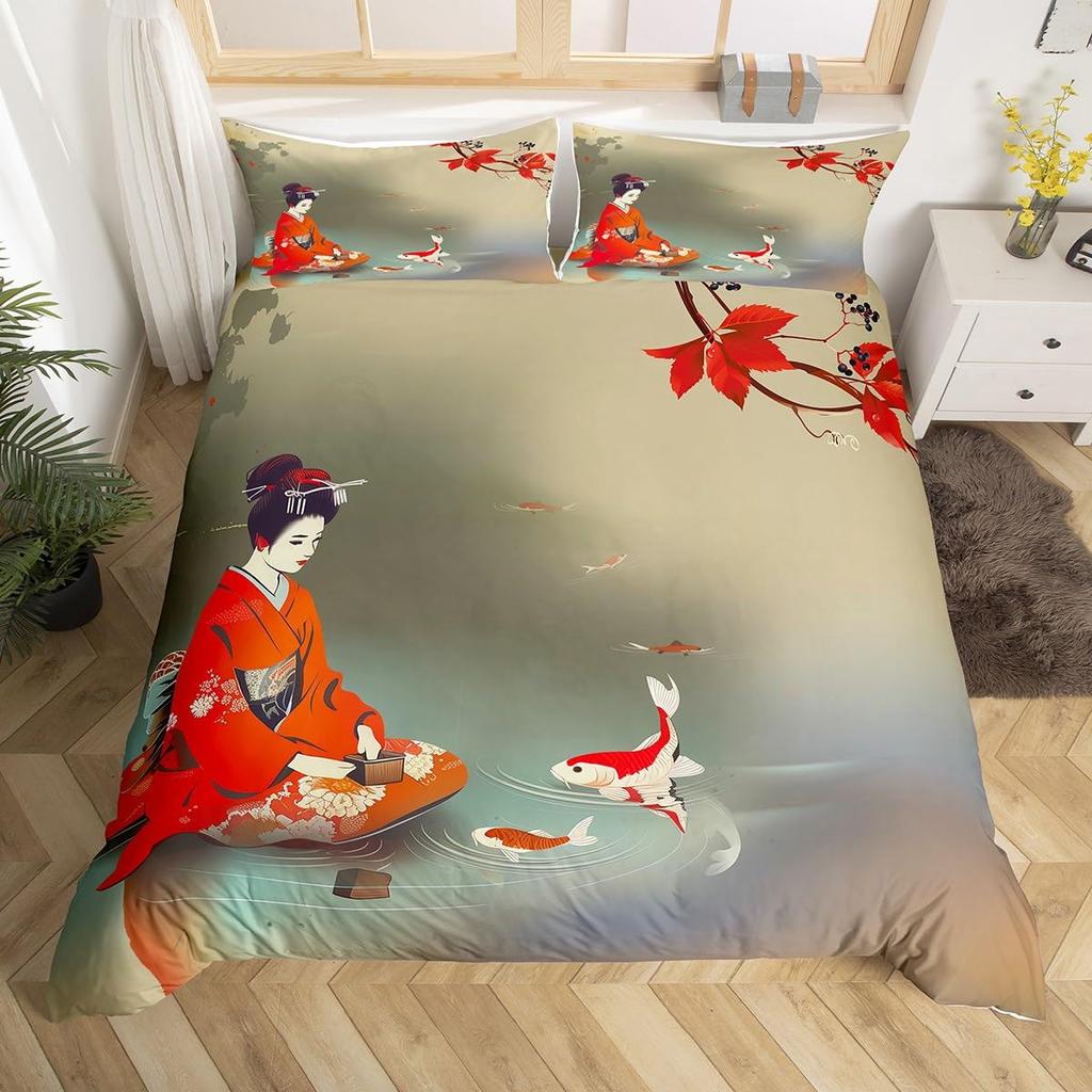 Koi Duvet Cover King Cherry Blossom Japanese Ukiyo-e Bedding Set Sakura Marine Animals Comforter Cover,Pink Romantic Quilt Cover