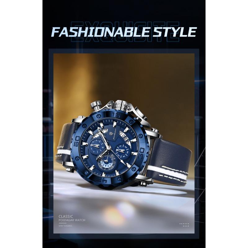 POEDAGAR Sportuhren für Herren Wasserdicht Leuchtend Datum Uhr Chronograph Leder Quarz Funktionell Armbanduhr Reloj