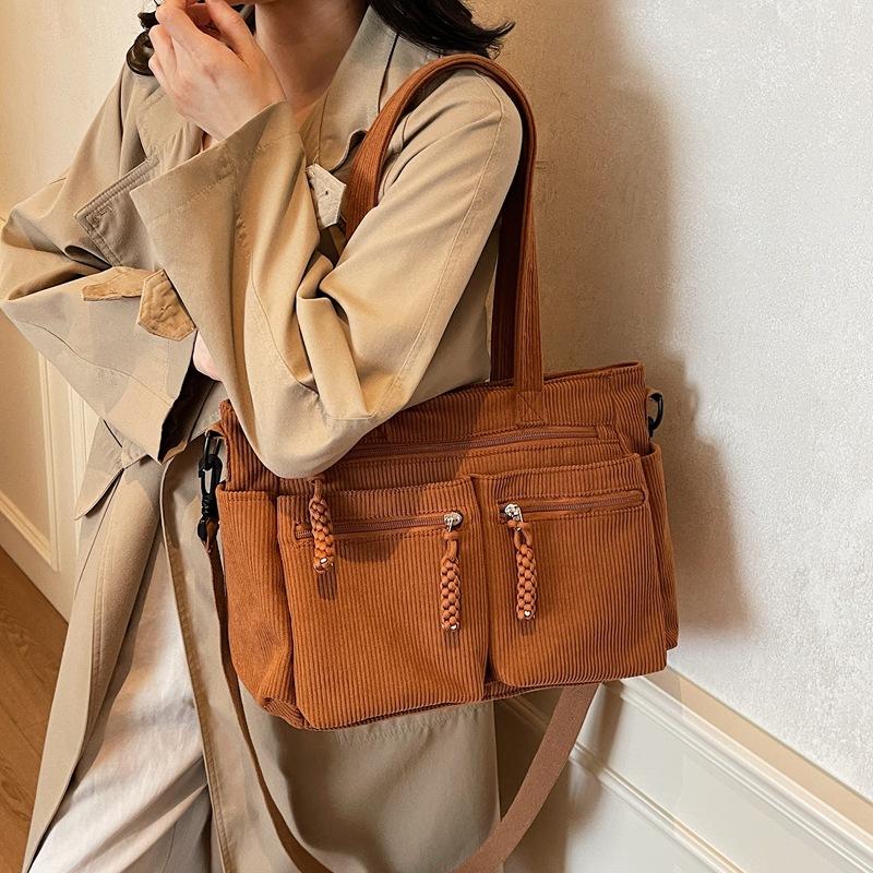 Corduroy Simple Poop Carrying Shoulder Bag for Women Adjustable Shoulder Strap Crossbody Bag Large Capacity Commuting Handbag