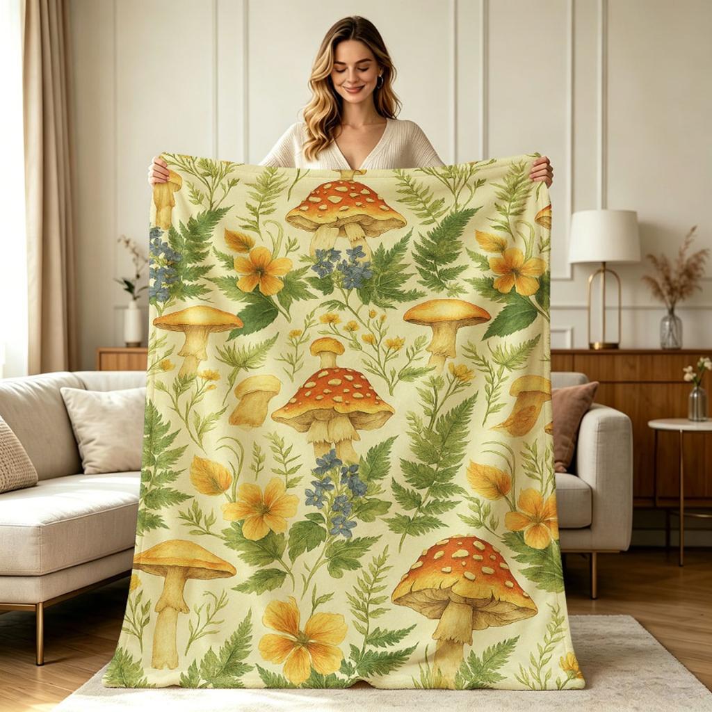 Soft Flannel Throw Blanket with Vintage Mushroom Wild Floral Fern Print All Season Lightweight Warm Cozy Blanket for Couch Sofa Bed Office Living Room