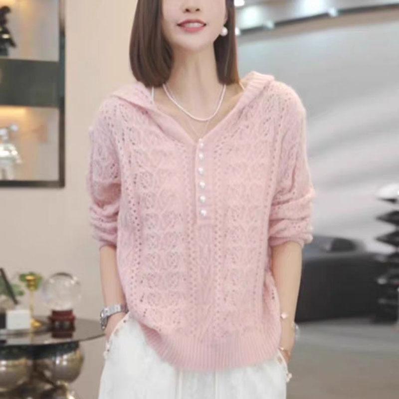 Crochet Hollowed-out Hooded Knitted Sweater Women's Autumn New Thin Sweater Lazy Wind Long-sleeved Top