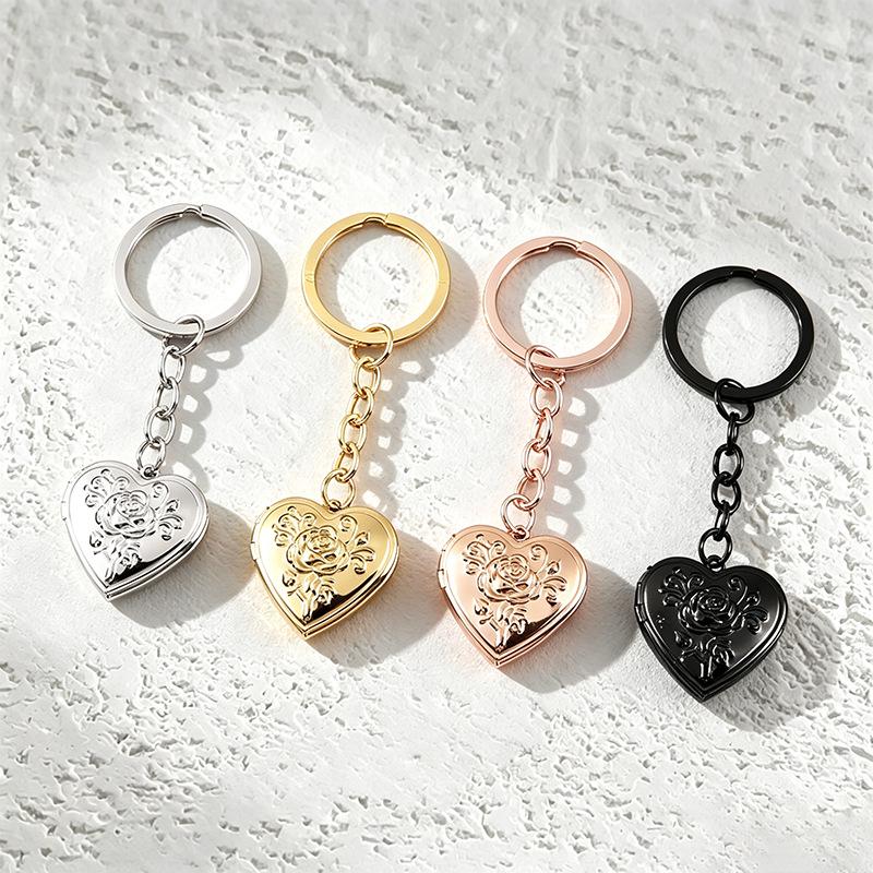 Porte-clés Cœur Rose en Acier Inoxydable Boîte Photo Finition Miroir