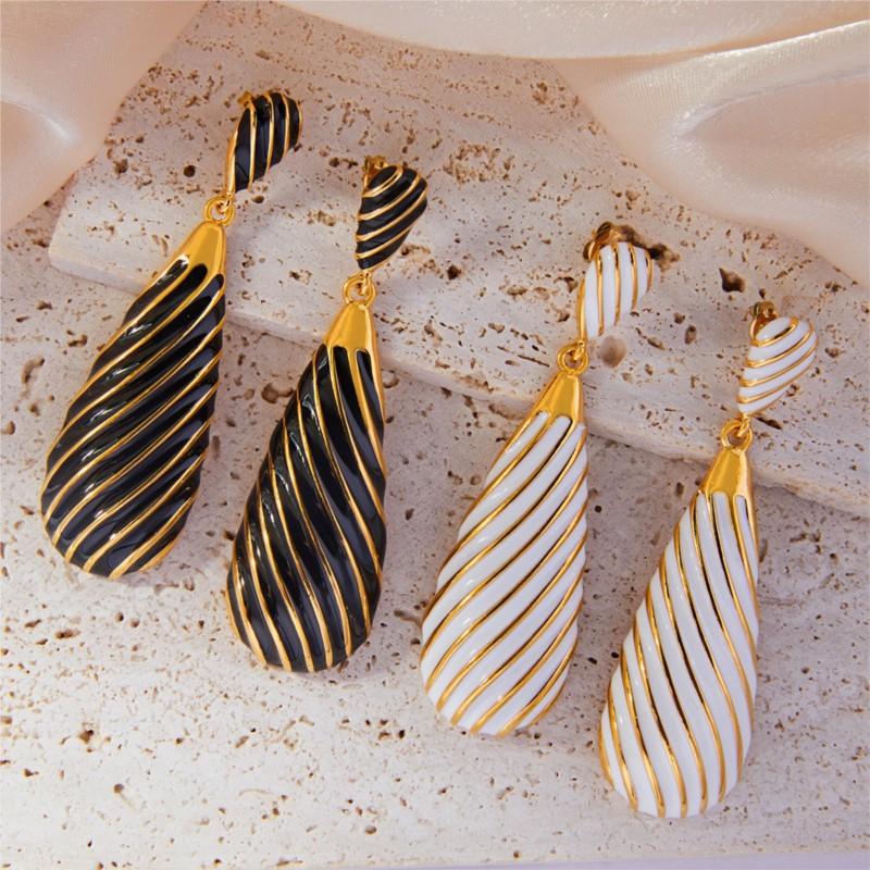 Elegante Schwarz-Weiß-Emaille Tropfen Anhänger Ohrringe für Damen Edelstahl Vergoldet Damen Hängeohrringe Mädchen Steckerohrringe