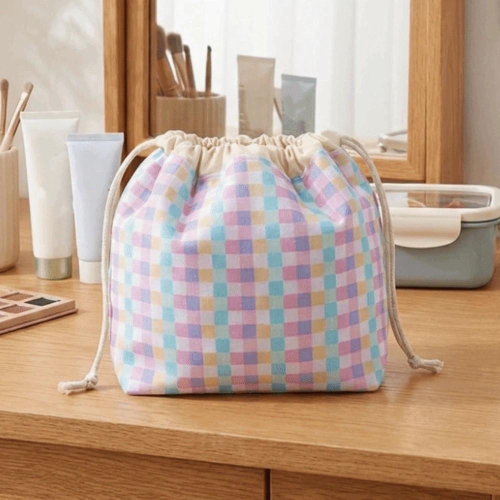 Plaid Pattern Drawstring Cosmetic Organizer Large Capacity Drawstring Storage Pouch  Travel Storage
