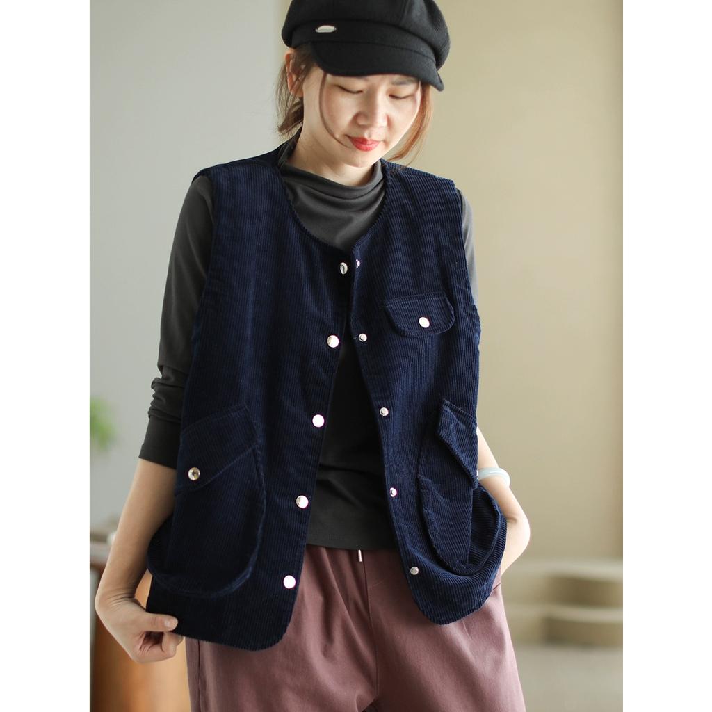 Dimanaf 2025 Nová krátká manšestrová vesta bez rukávů Podzimní retro kabát Knoflíky Dámská jednobarevná