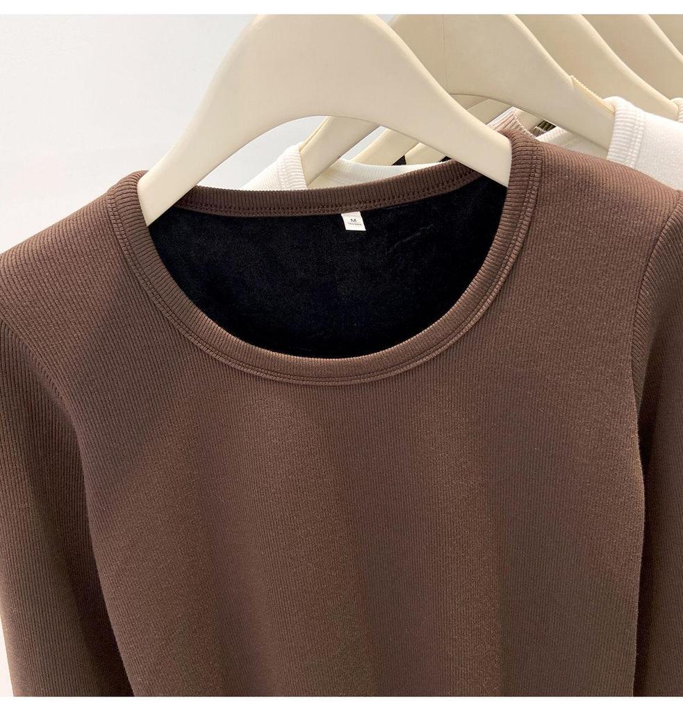 Women's European Style Velvet-Lined Long Sleeve Slimming T-Shirt for Autumn/Winter