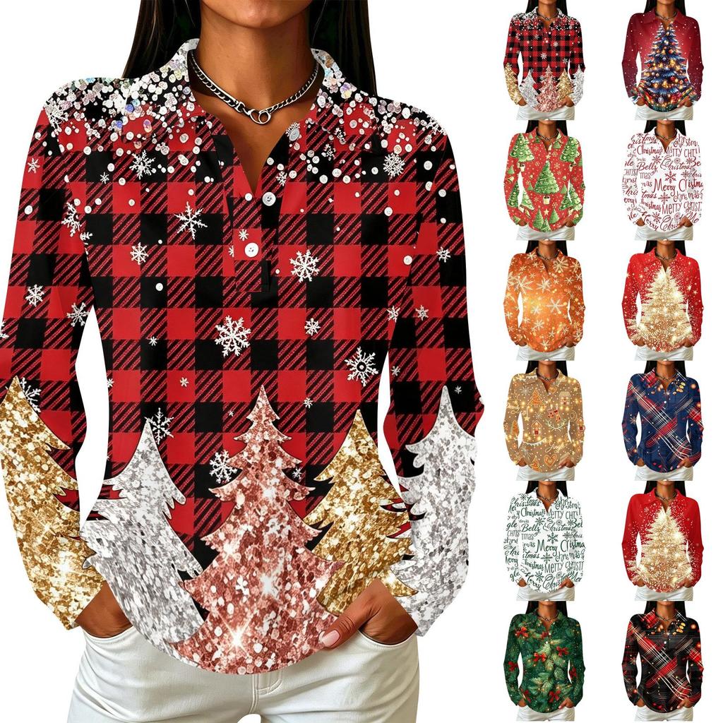 Women's Casual Christmas Print Button Down Long Sleeve Shirt with Collar and Side Slits