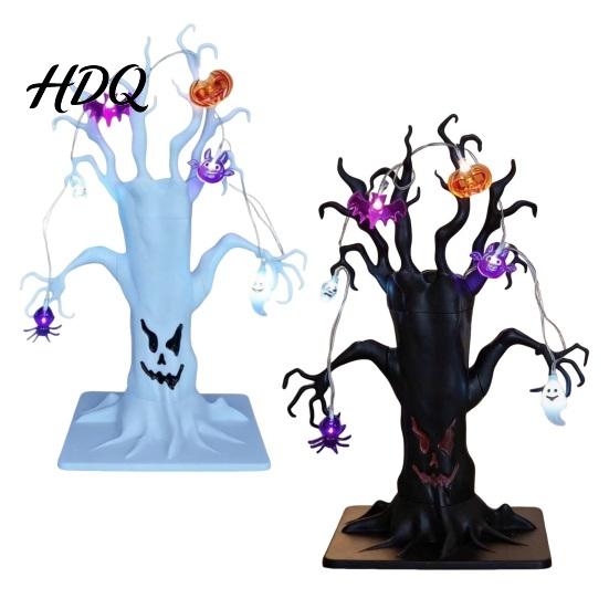 Creepy Spider Tree for Holiday Lighted Halloween Spooky Dead Tabletop Decor Ghost Face Haunted Glowing Skeleton Bat Ornaments with Pumpkin LED String