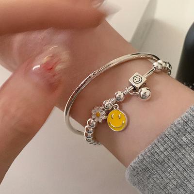 Bracelet en perles de boule en métal avec petit motif marguerite et smiley pour femme, design tendance, simple et polyvalent