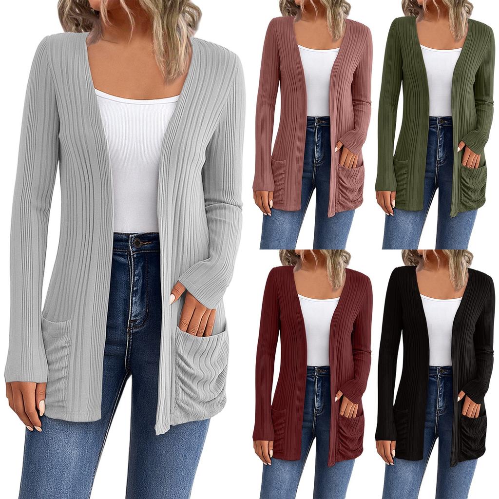 Women's Long Sleeved Solid Color Medium Length Knitted Cardigan Pocket Jacket Sweater Knitted Sweater