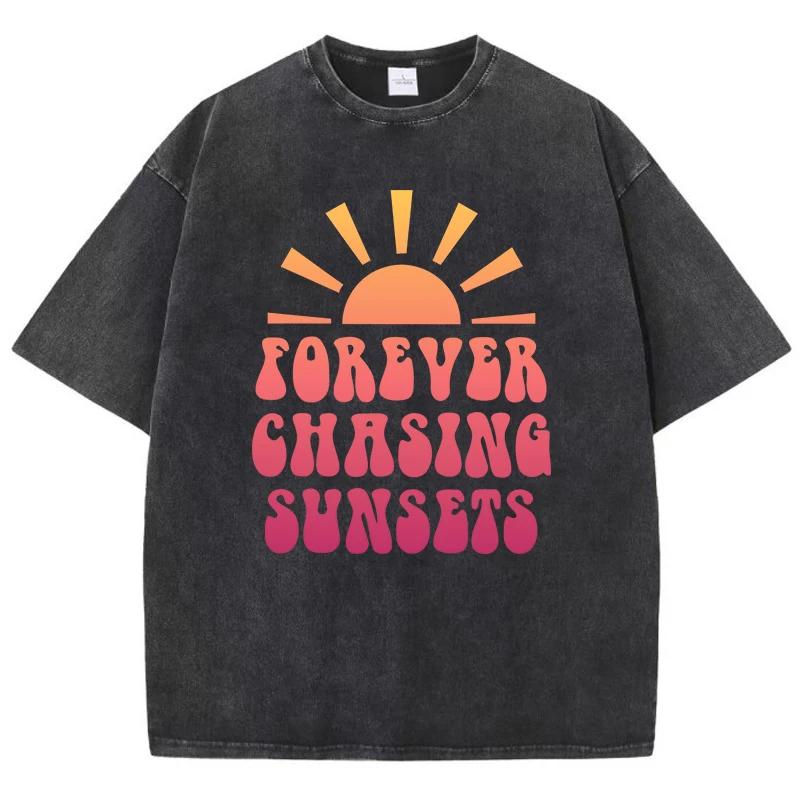 Foreyer Chasing Sunsets Print Tee Clothing Homme Versatile Outdoor T Shirts Cool Retro Tshirt Oversized Senior
