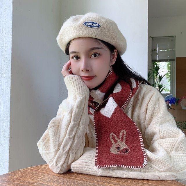 Love Rabbit Wool Scarf Women's Winter Long College Style Korean Version Warm Cartoon Knitted Neck Protector Versatile Scarf