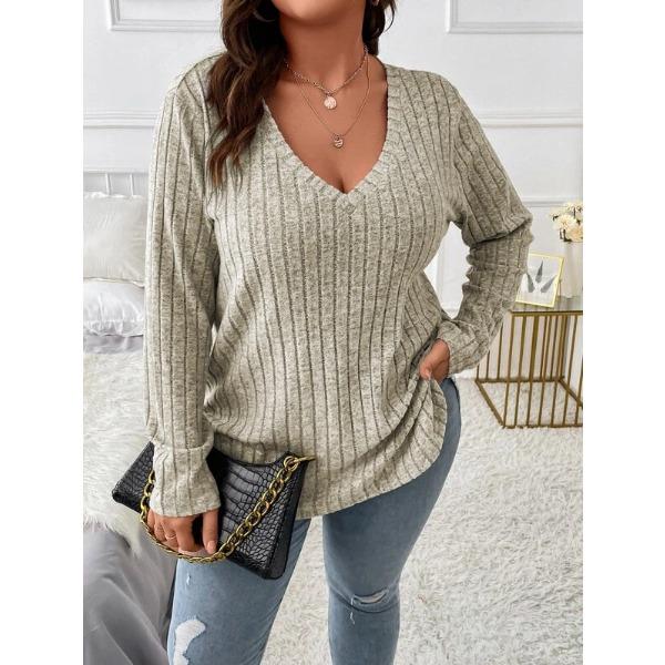 GMXIA Autumn and Winter Solid-color Pluse-size Women's Top, V-neck Long-sleeved, Fringed Brushed T-shirt, Loose Pullover