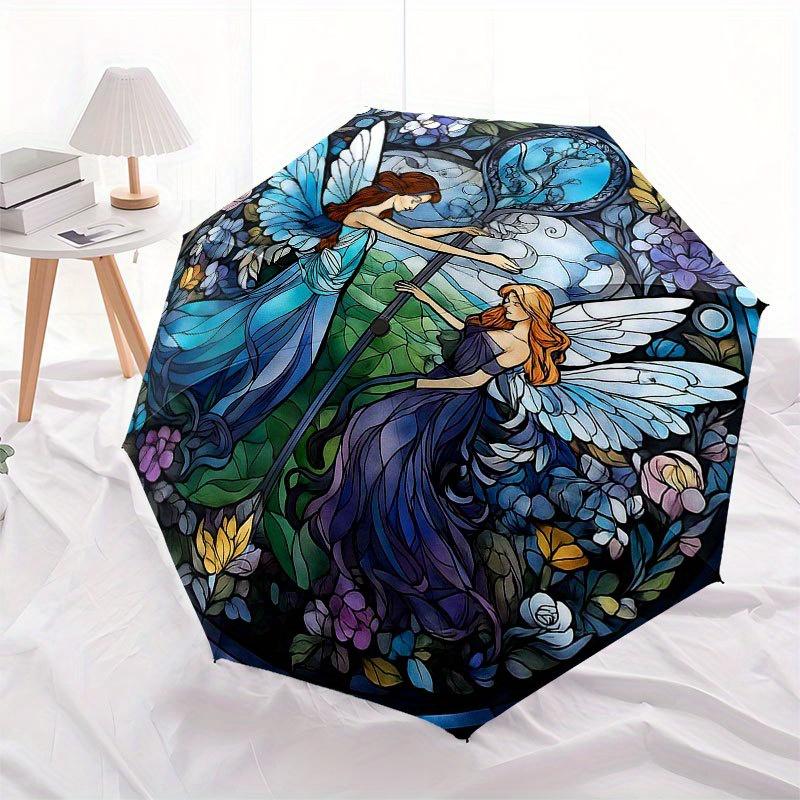 Stunning Fairy Garden Stained Cute Window Art Umbrella, Cute Umbrella with Cute Design, Portable 3-Fold Compact Umbrella for Men & Women, Valentine's