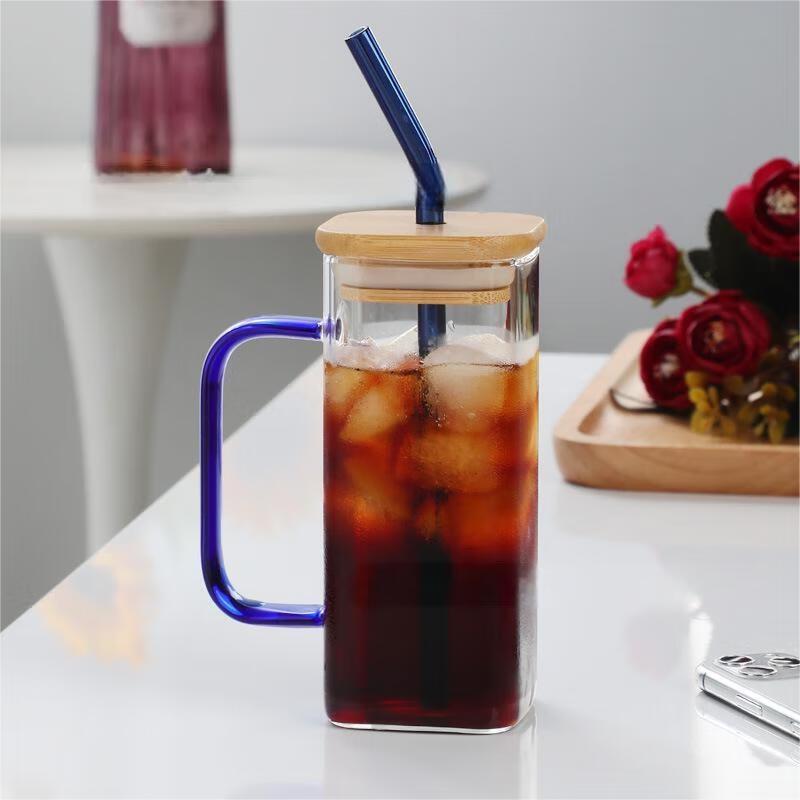 High Borosilicate Glass Square Mug with Green Handle, Straw & Bamboo Lid