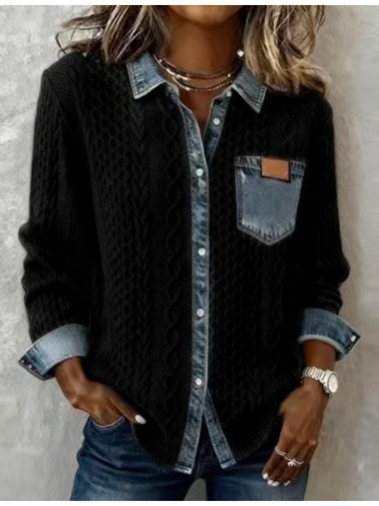 Dark Grey Knit Shirt with Denim Trim and Chest Pocket