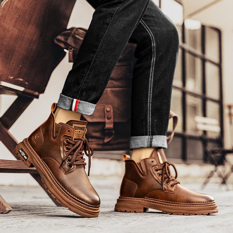 Fashion Men's Fashion Trends Brown Leather Boots Outdoor Walking Mountaineering Travel Thick Bottom Ankle Boots Comfort Durable Boots