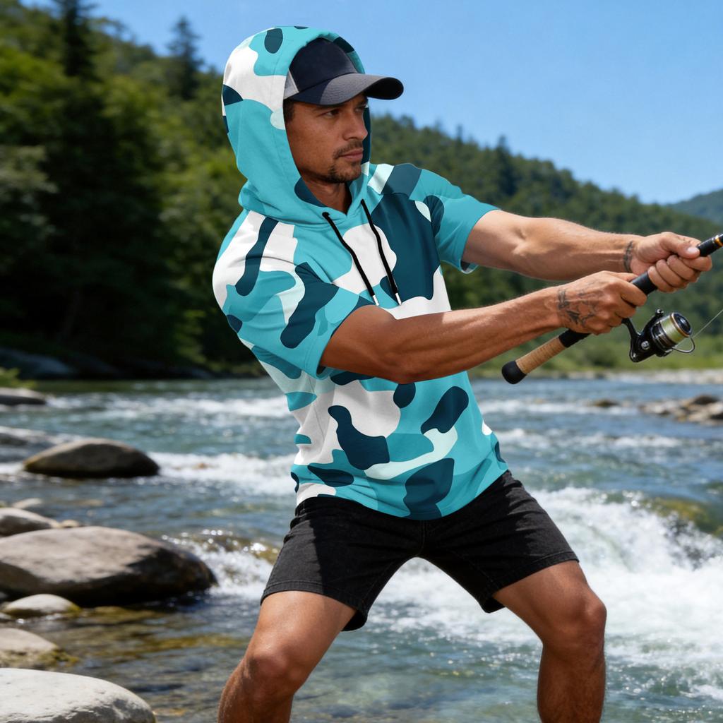 Sudadera con Capucha para Hombre Estampado de Camuflaje Manga Raglán Casual Pesca Deportiva Protección Solar Manga Corta Ligera Transpirable Camisa para Exteriores