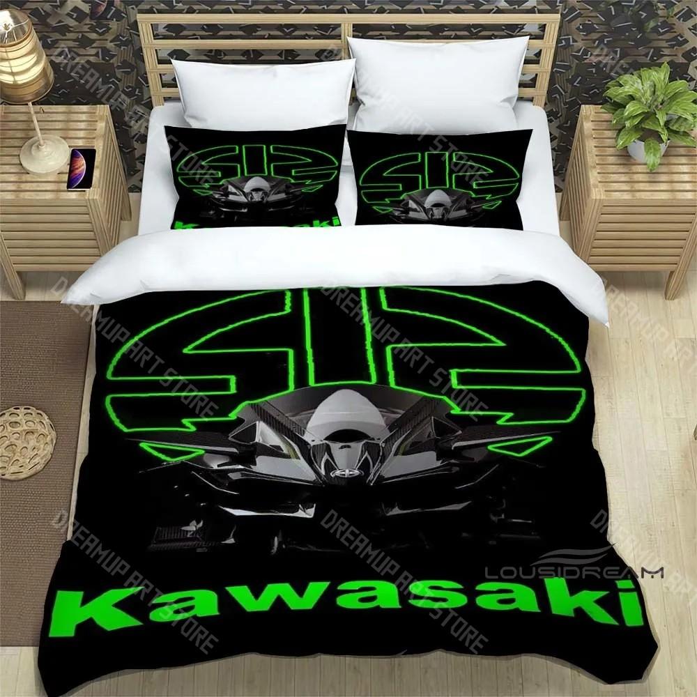 Set Biancheria da Letto Stampa Retro 3D Logo Moto K-Kawasaki Set Biancheria da Letto Elegante Copripiumino Coperta Trapuntata Letto Regalo di Compleanno di Lusso