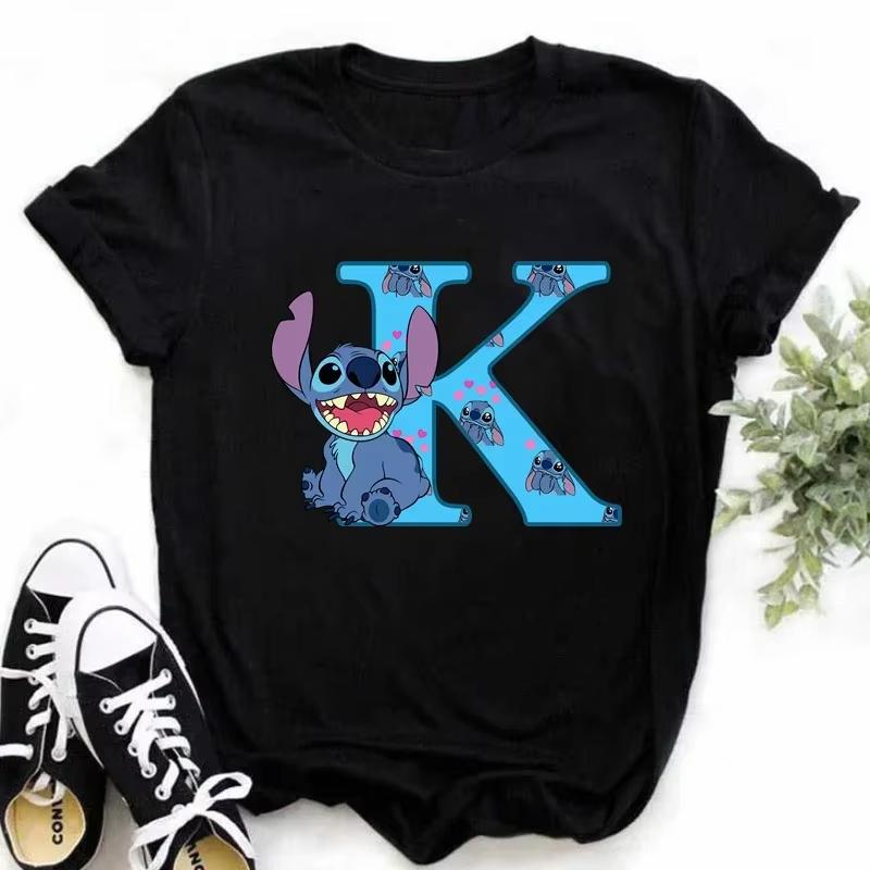 T-shirt pour femme Alphabet A-Z Kawaii Dessin Animé Imprimé Manches Courtes T-shirt Femme Disney Été Décontracté Vêtements Dessin Animé T-shirt