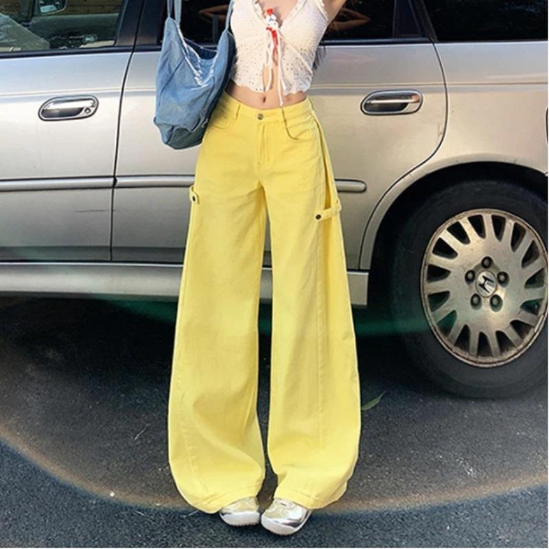 Womens High Waist Yellow Cargo Wide Leg Jeans Casual Loose Flare Denim Trousers Streetwear