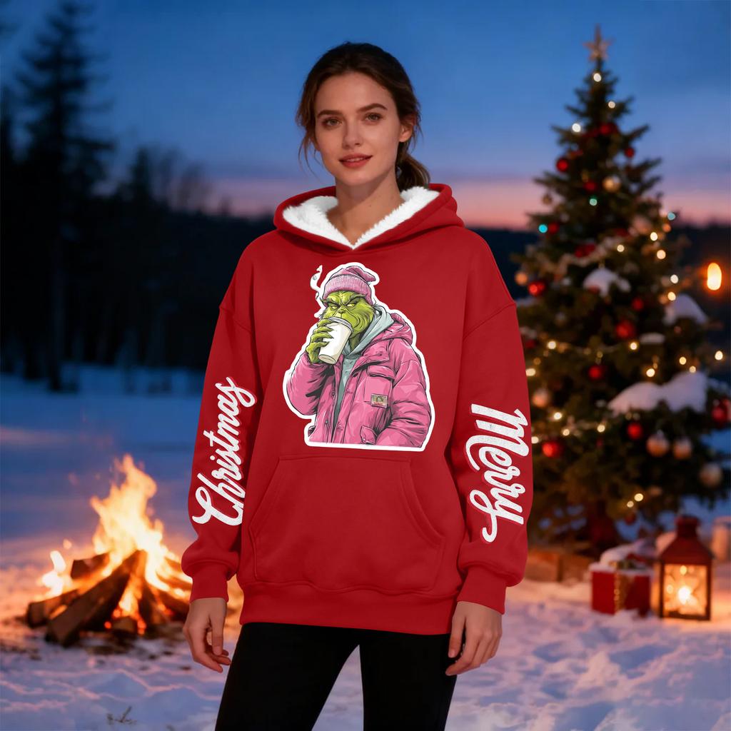 Women's Casual Fashion Plus Velvet Thickened Christmas Print Hooded Sweatshirt